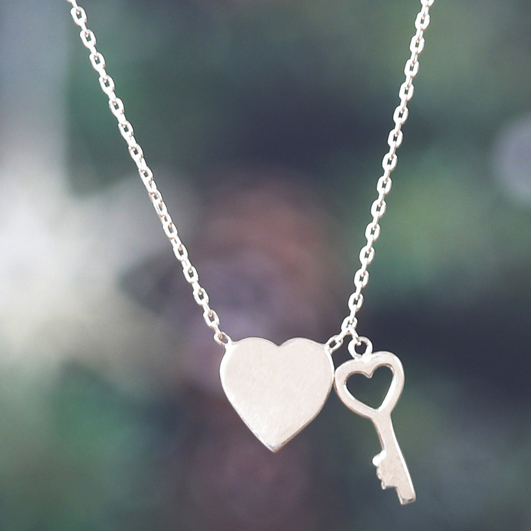 Heart and Key-Shaped Sterling Silver Pendant Necklace - Key to Your Love