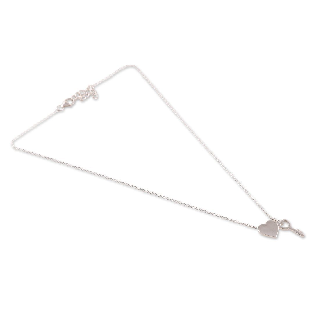 Heart and Key-Shaped Sterling Silver Pendant Necklace - Key to Your Love