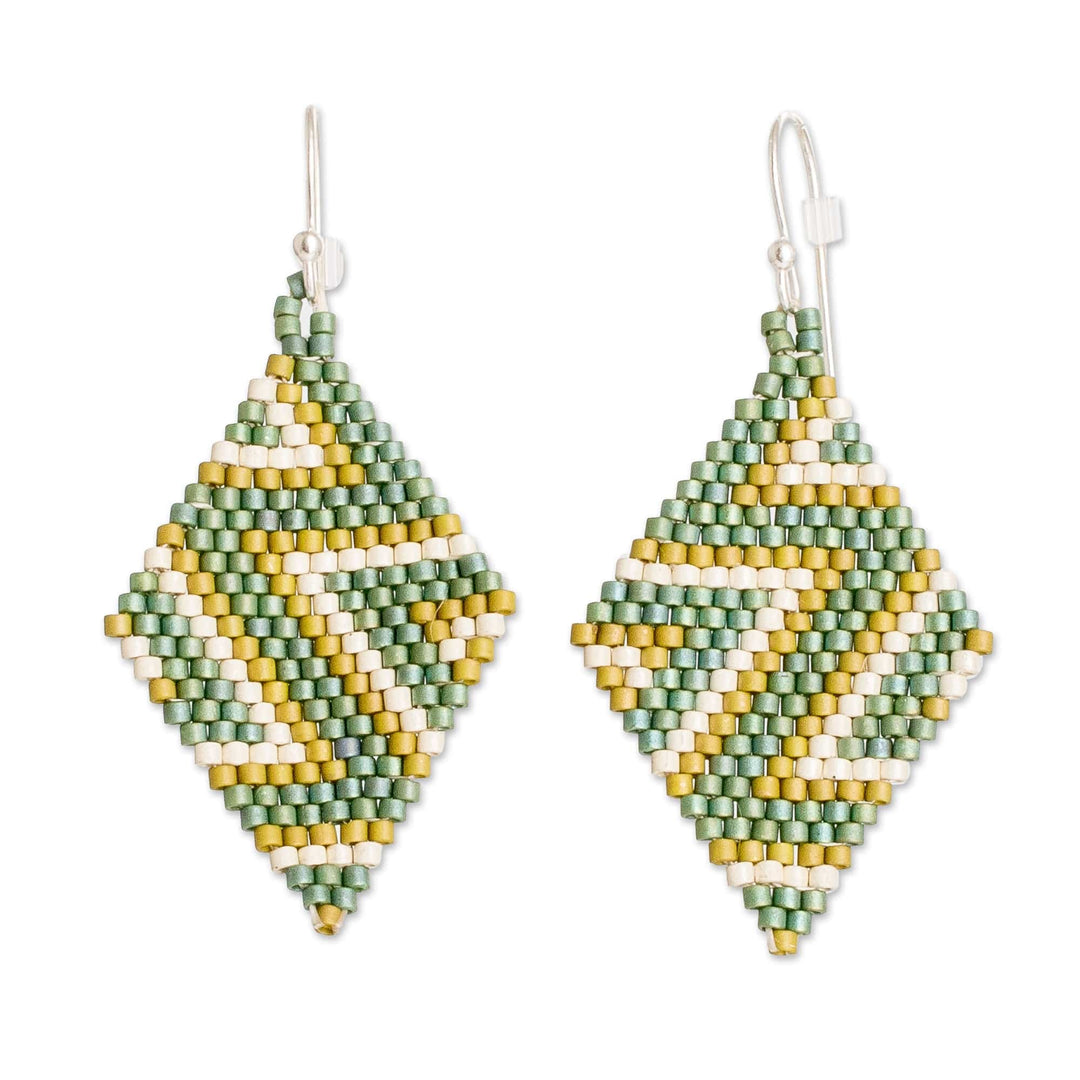 Chevron-Patterned Green Glass Beaded Dangle Earrings - Green Frequencies