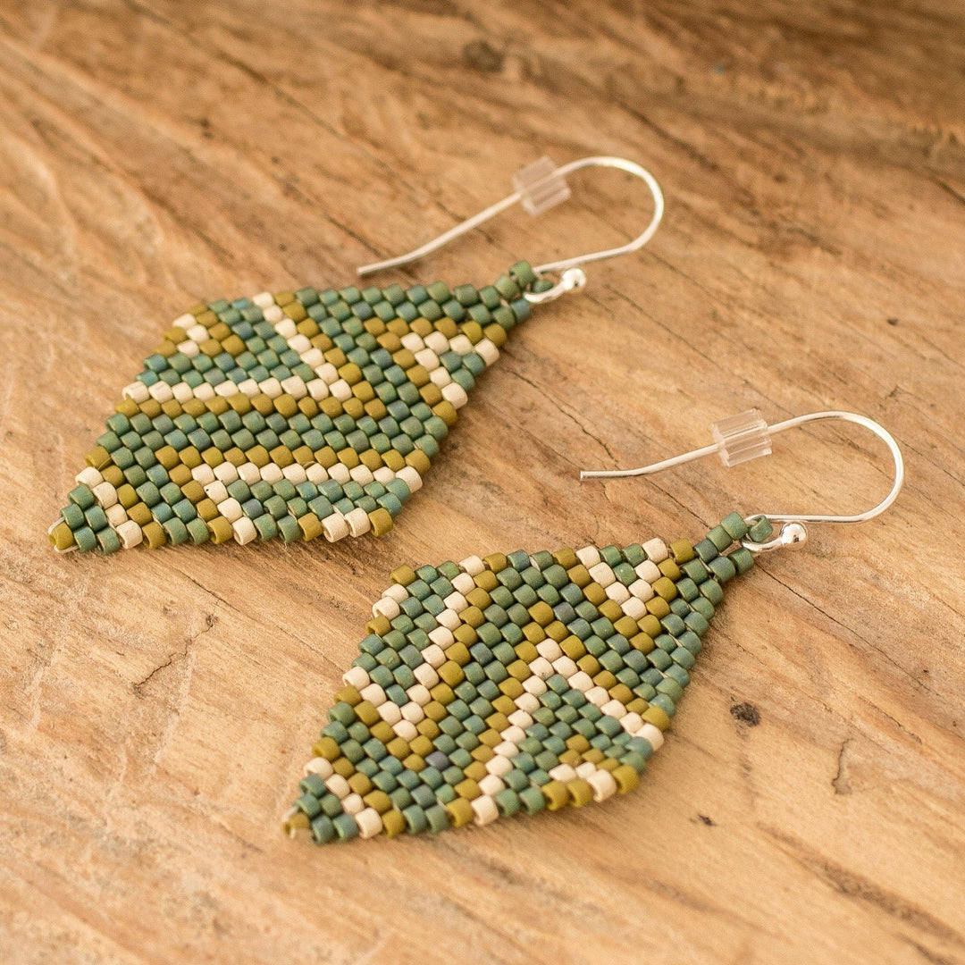 Chevron-Patterned Green Glass Beaded Dangle Earrings - Green Frequencies