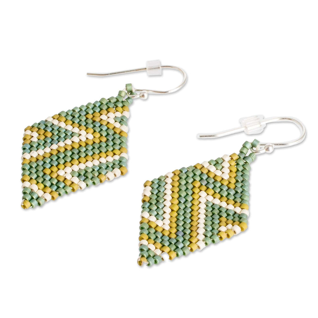 Chevron-Patterned Green Glass Beaded Dangle Earrings - Green Frequencies