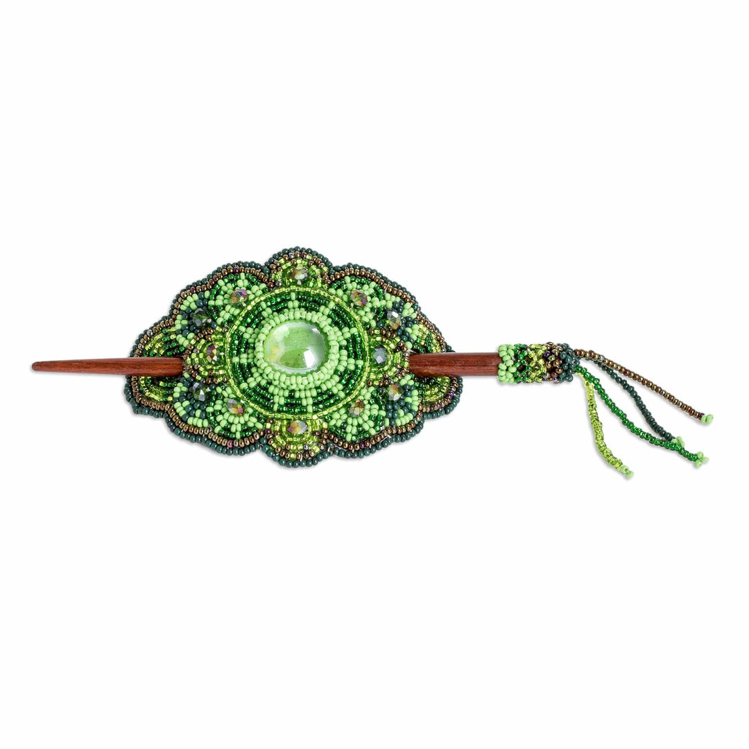 Handcrafted Green-Toned Wood and Glass Beaded Hairpin - Eden's Green Beauty