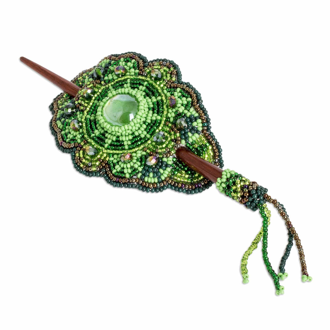 Handcrafted Green-Toned Wood and Glass Beaded Hairpin - Eden's Green Beauty