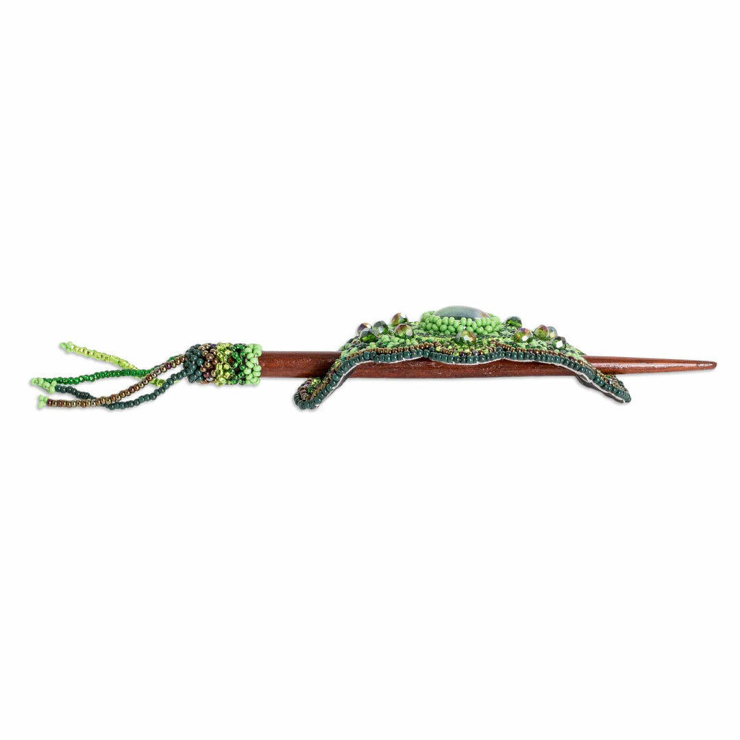 Handcrafted Green-Toned Wood and Glass Beaded Hairpin - Eden's Green Beauty