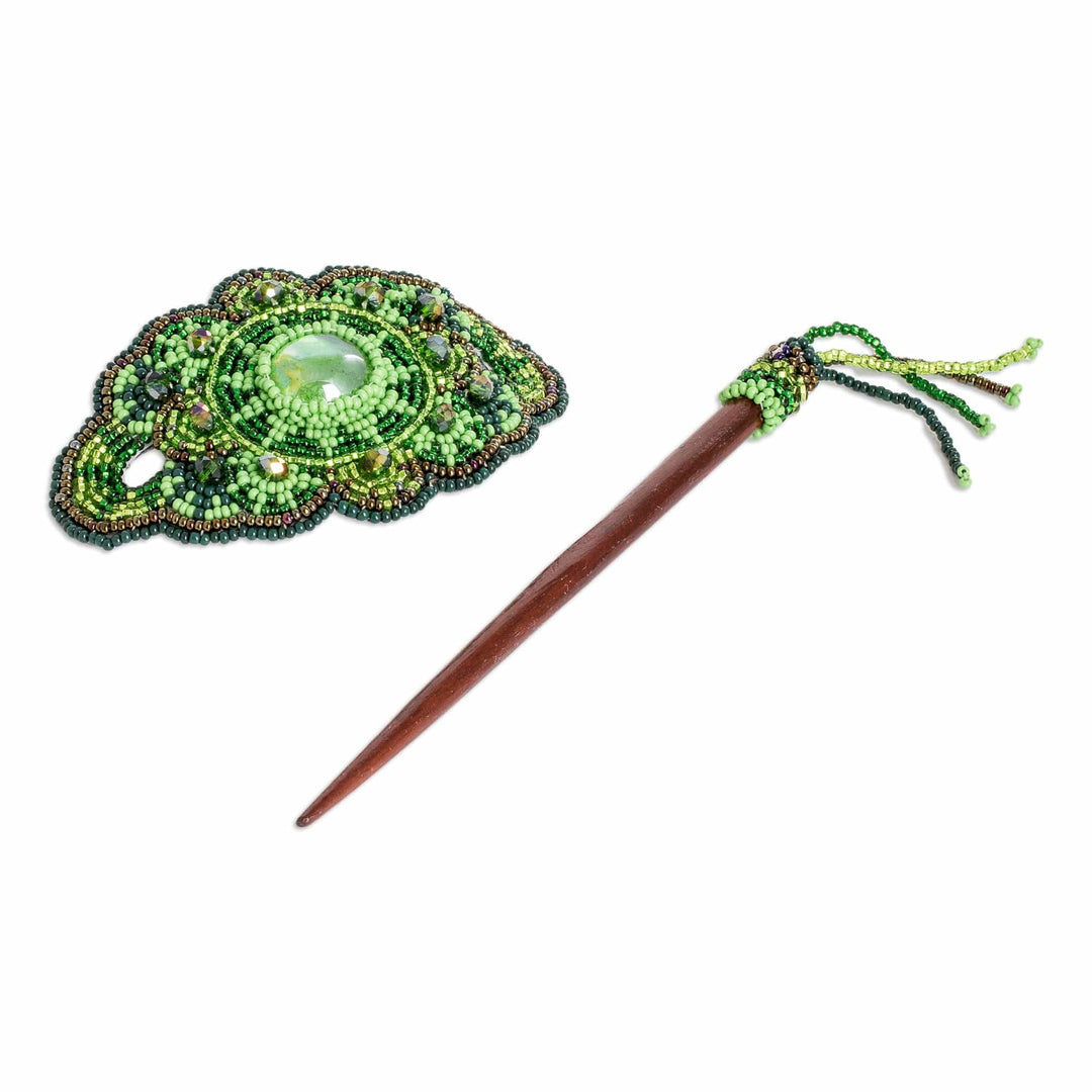 Handcrafted Green-Toned Wood and Glass Beaded Hairpin - Eden's Green Beauty