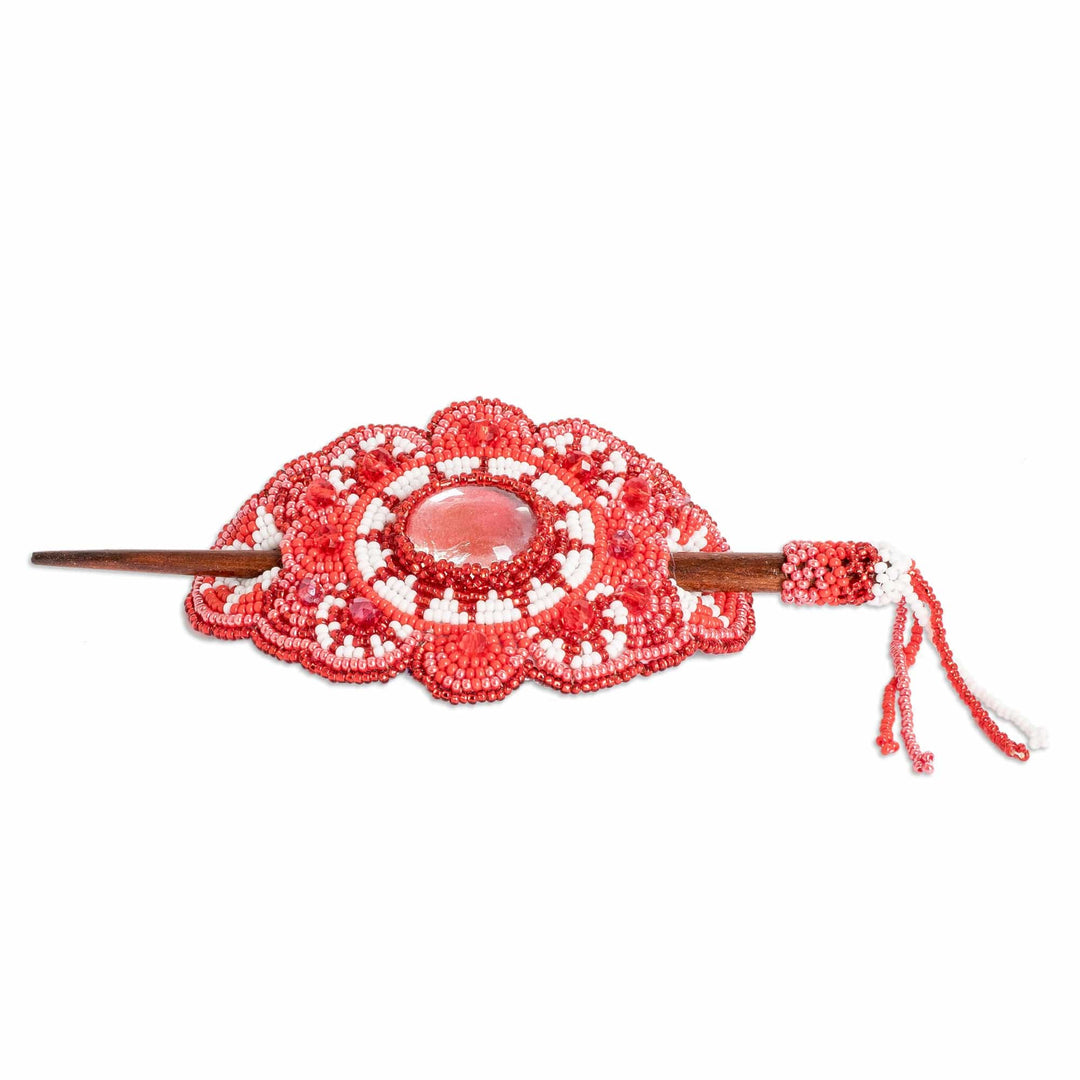 Handcrafted Red-Toned Wood and Glass Beaded Hairpin - Eden's Red Beauty