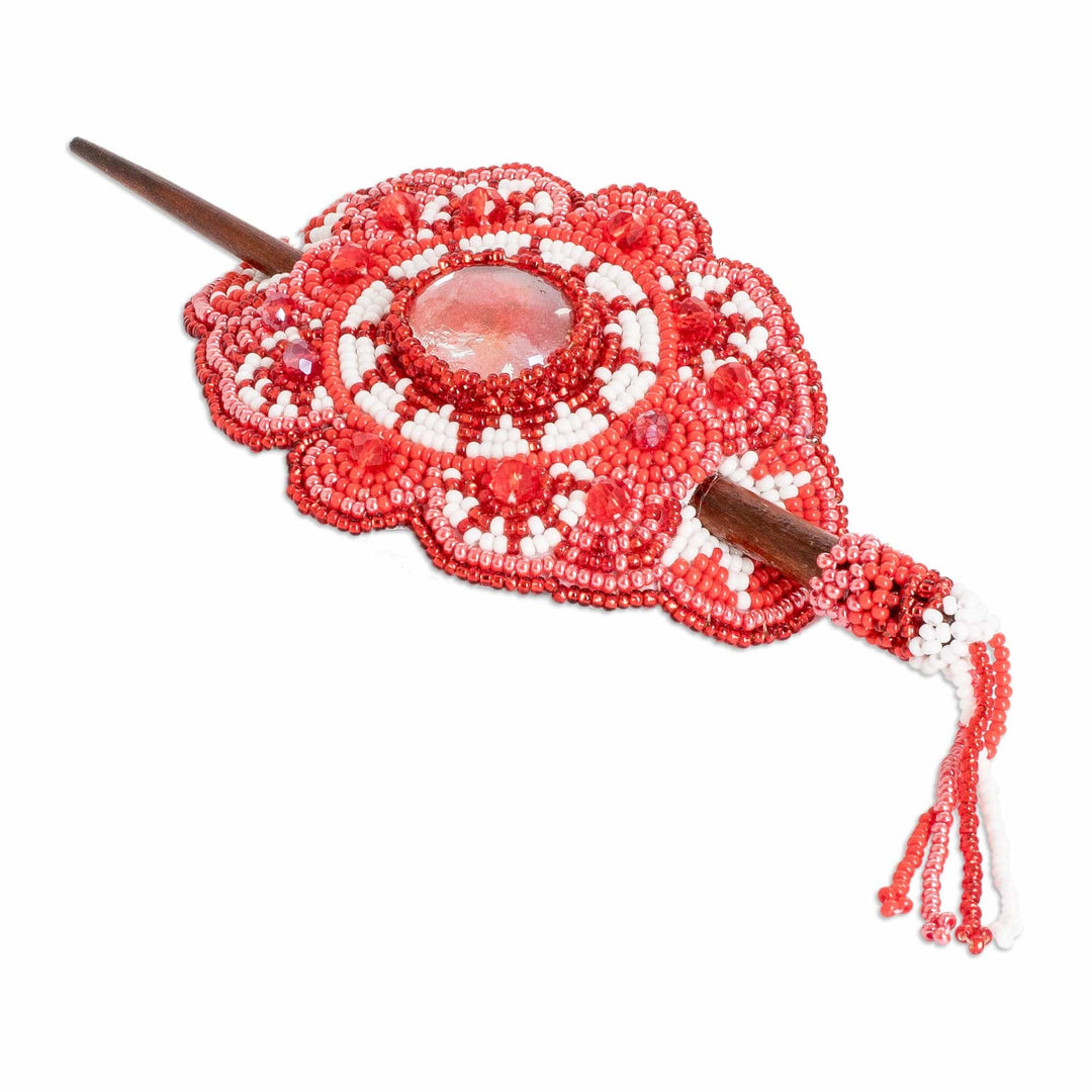 Handcrafted Red-Toned Wood and Glass Beaded Hairpin - Eden's Red Beauty