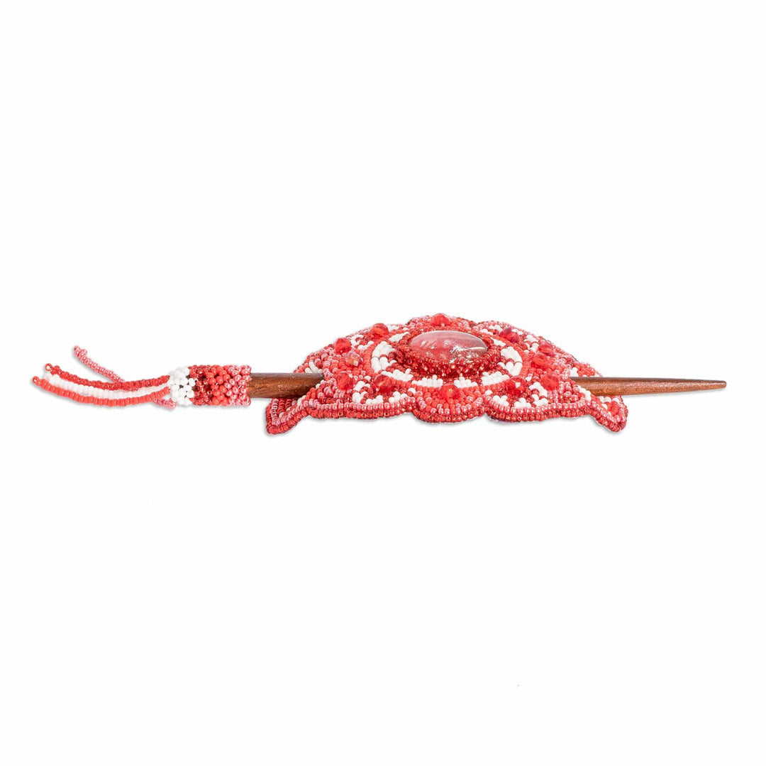 Handcrafted Red-Toned Wood and Glass Beaded Hairpin - Eden's Red Beauty