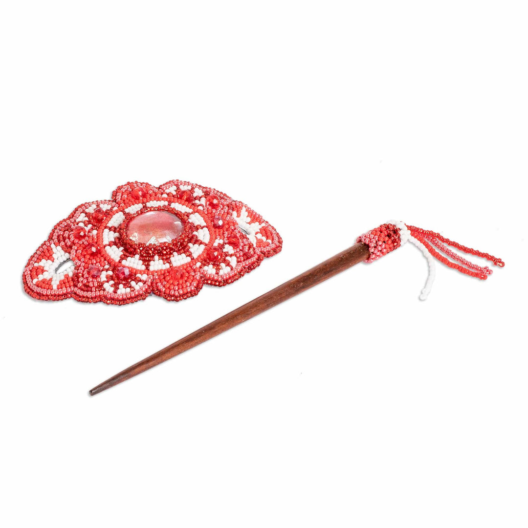 Handcrafted Red-Toned Wood and Glass Beaded Hairpin - Eden's Red Beauty