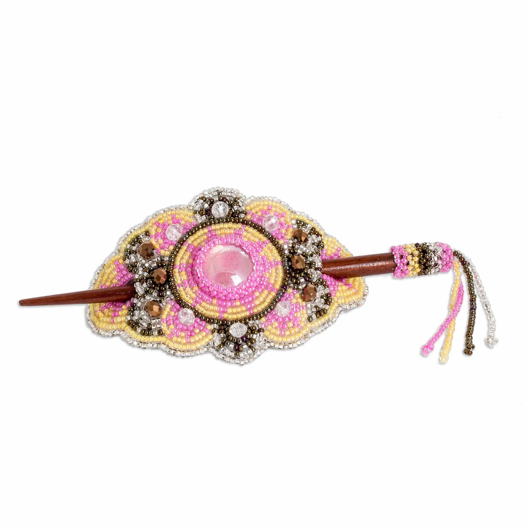 Handcrafted Beaded Floral Hairpin with Wooden Stick - Floral Beauty