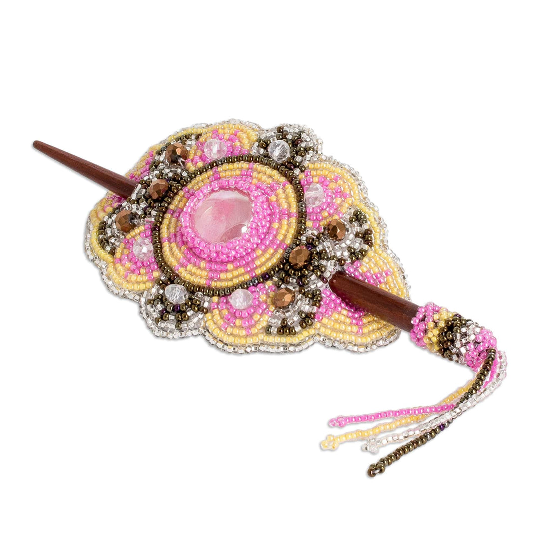 Handcrafted Beaded Floral Hairpin with Wooden Stick - Floral Beauty