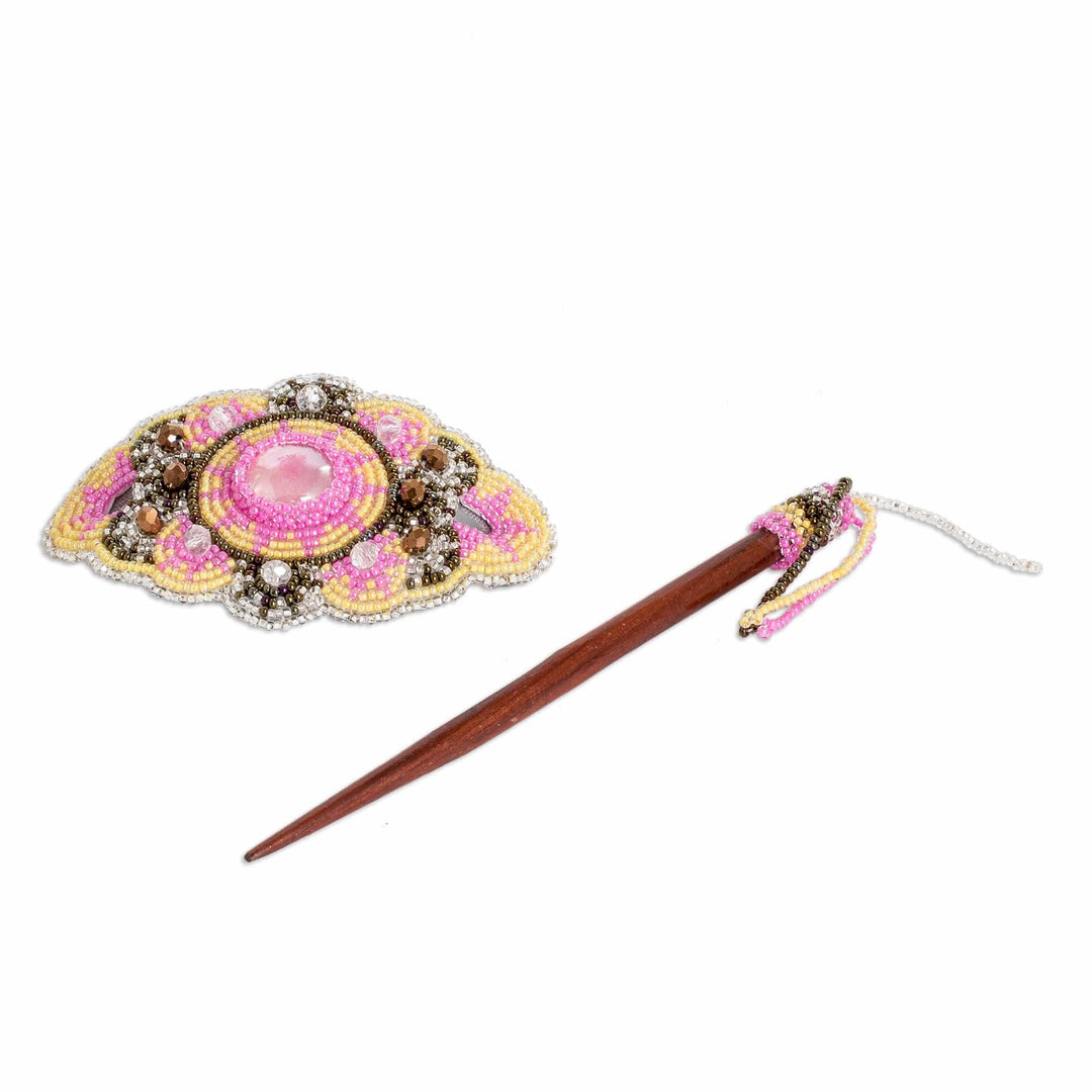 Handcrafted Beaded Floral Hairpin with Wooden Stick - Floral Beauty