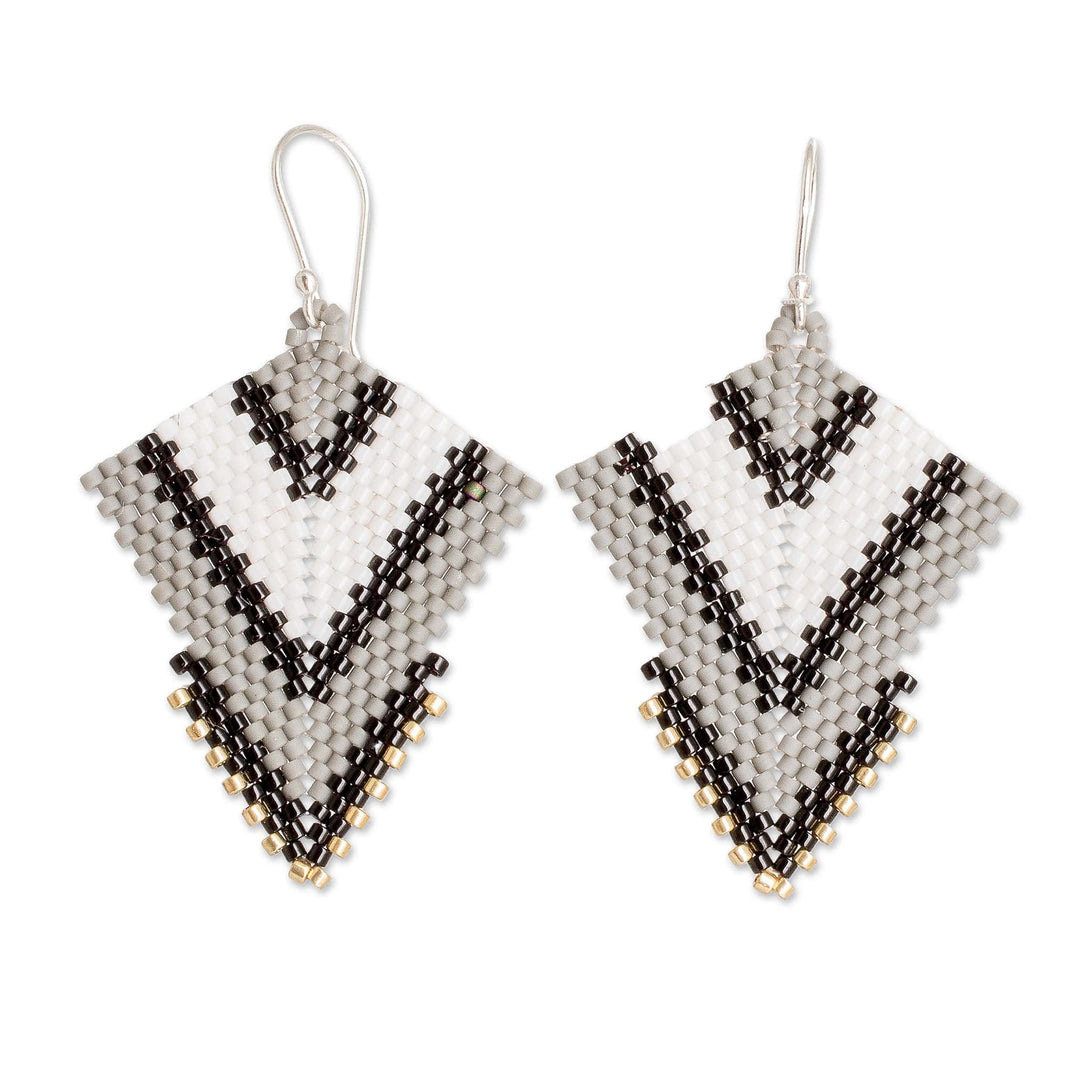 Handcrafted Black and White Glass Beaded Dangle Earrings - Black & White Signals