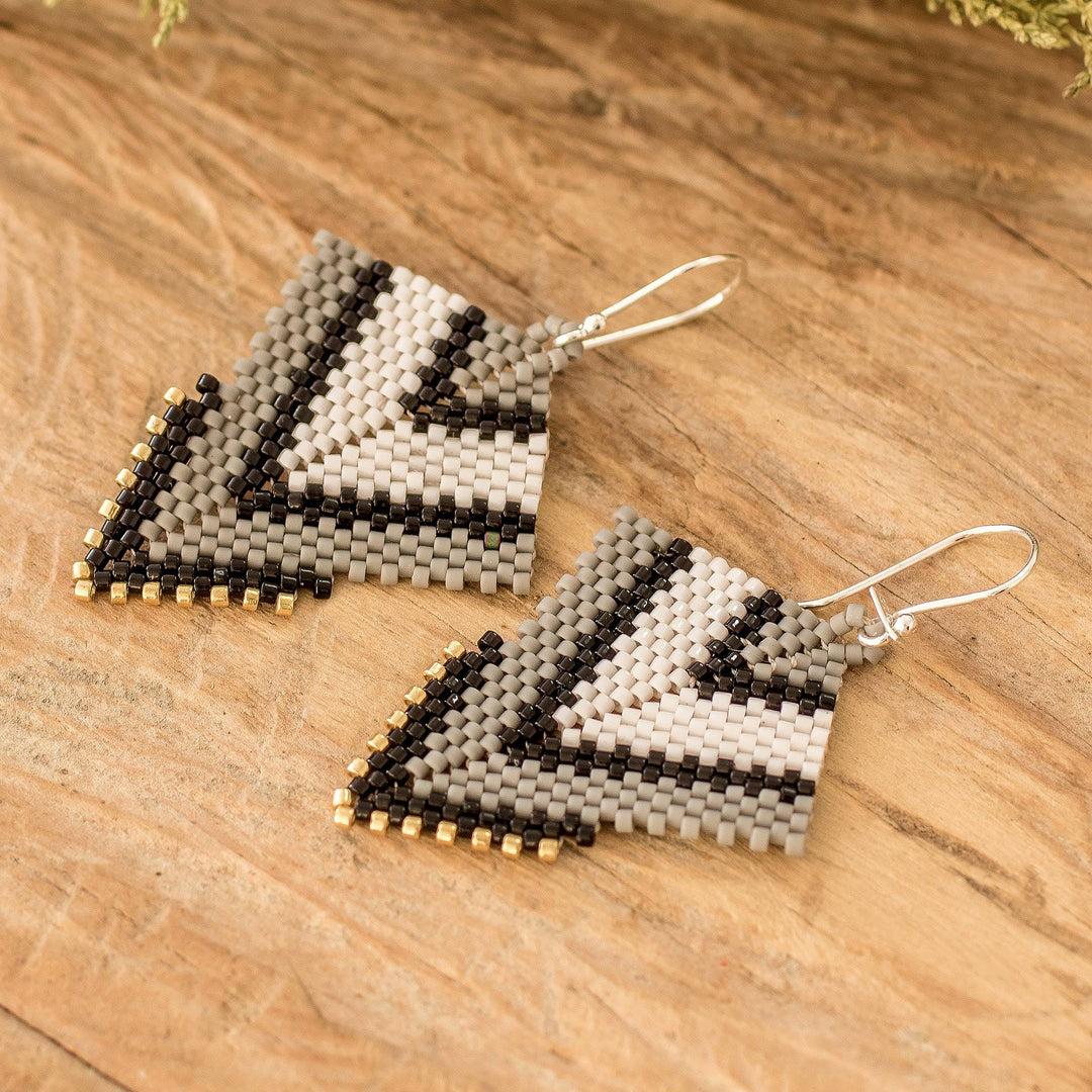 Handcrafted Black and White Glass Beaded Dangle Earrings - Black & White Signals