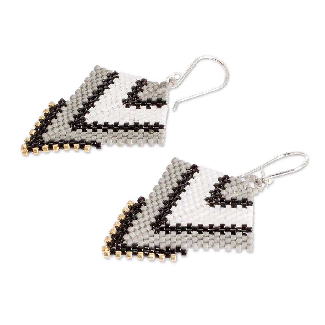 Handcrafted Black and White Glass Beaded Dangle Earrings - Black & White Signals