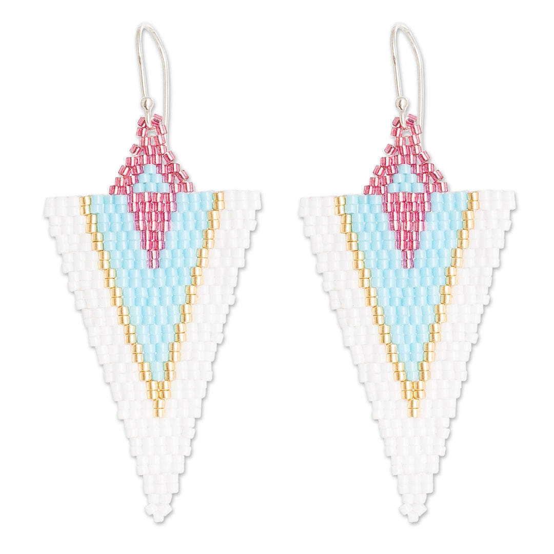 Handcrafted Triangular White and Sky Blue Dangle Earrings - White & Sky Blue Directions