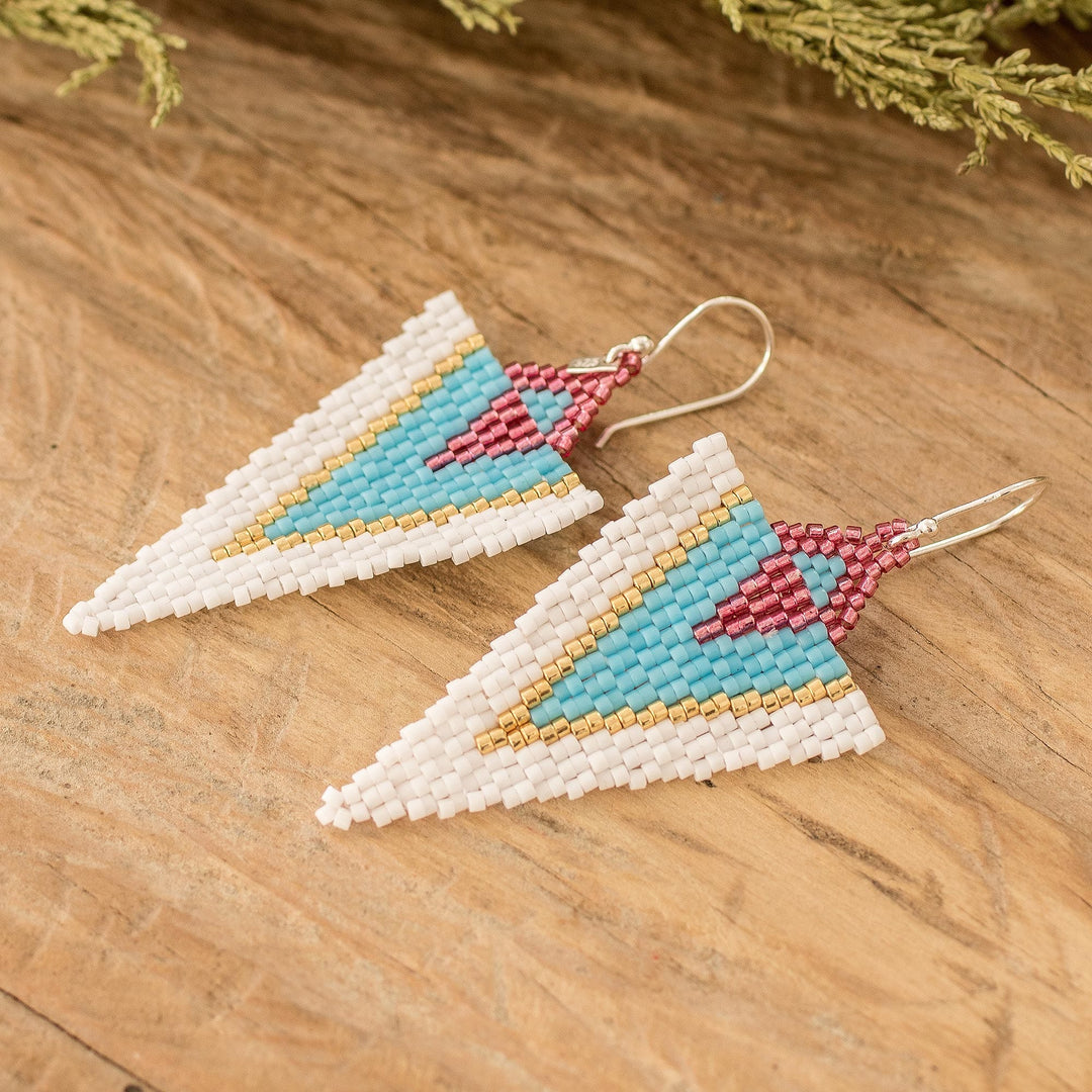Handcrafted Triangular White and Sky Blue Dangle Earrings - White & Sky Blue Directions