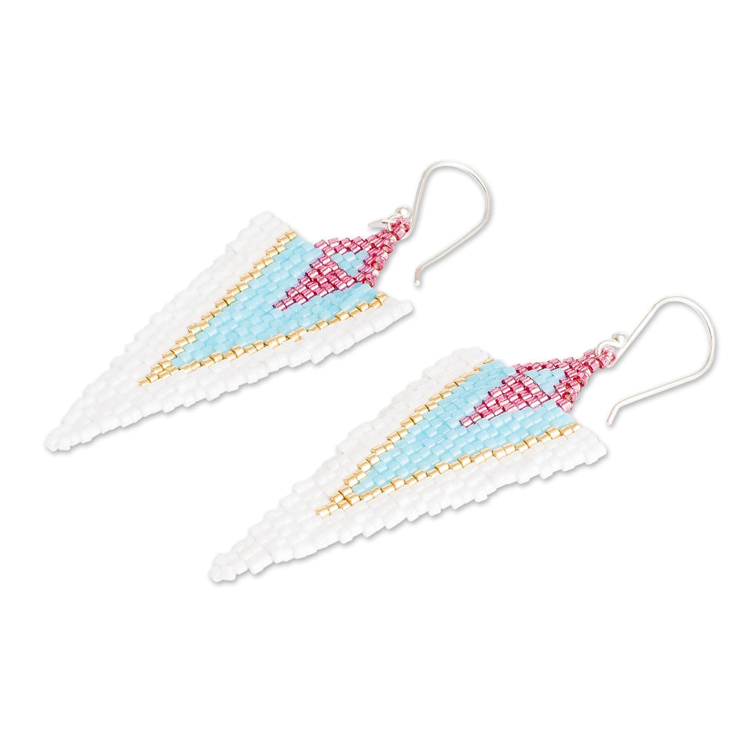 Handcrafted Triangular White and Sky Blue Dangle Earrings - White & Sky Blue Directions