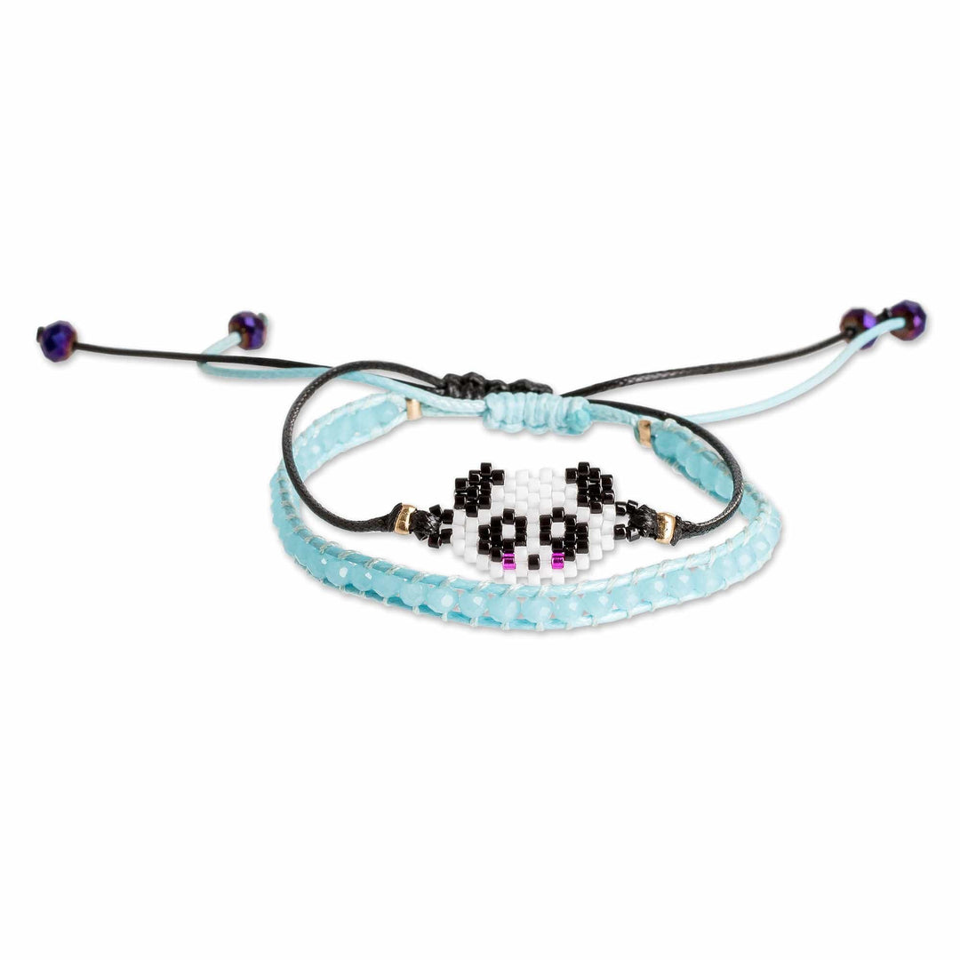 Set of 2 Panda-Themed Blue Glass Beaded Friendship Bracelets - Panda Bond