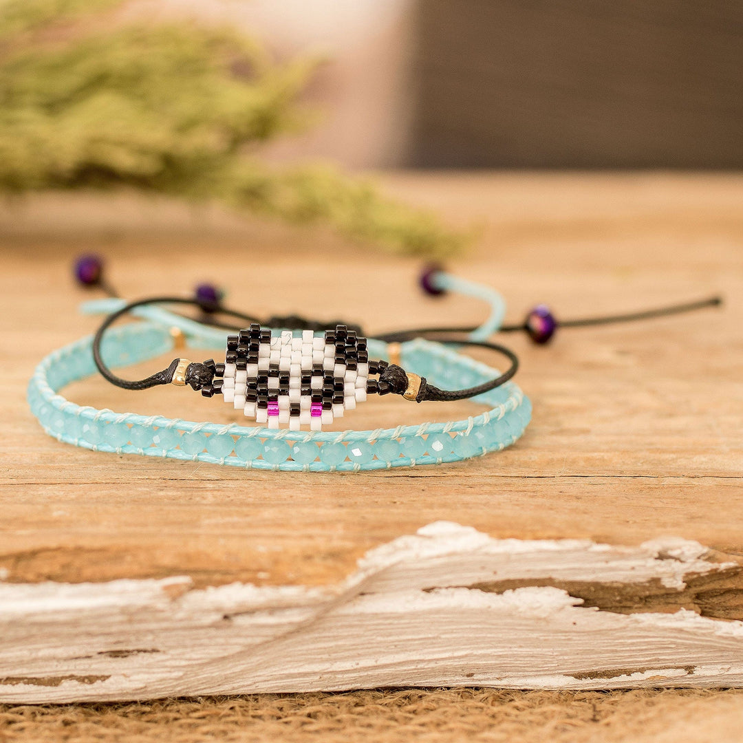 Set of 2 Panda-Themed Blue Glass Beaded Friendship Bracelets - Panda Bond