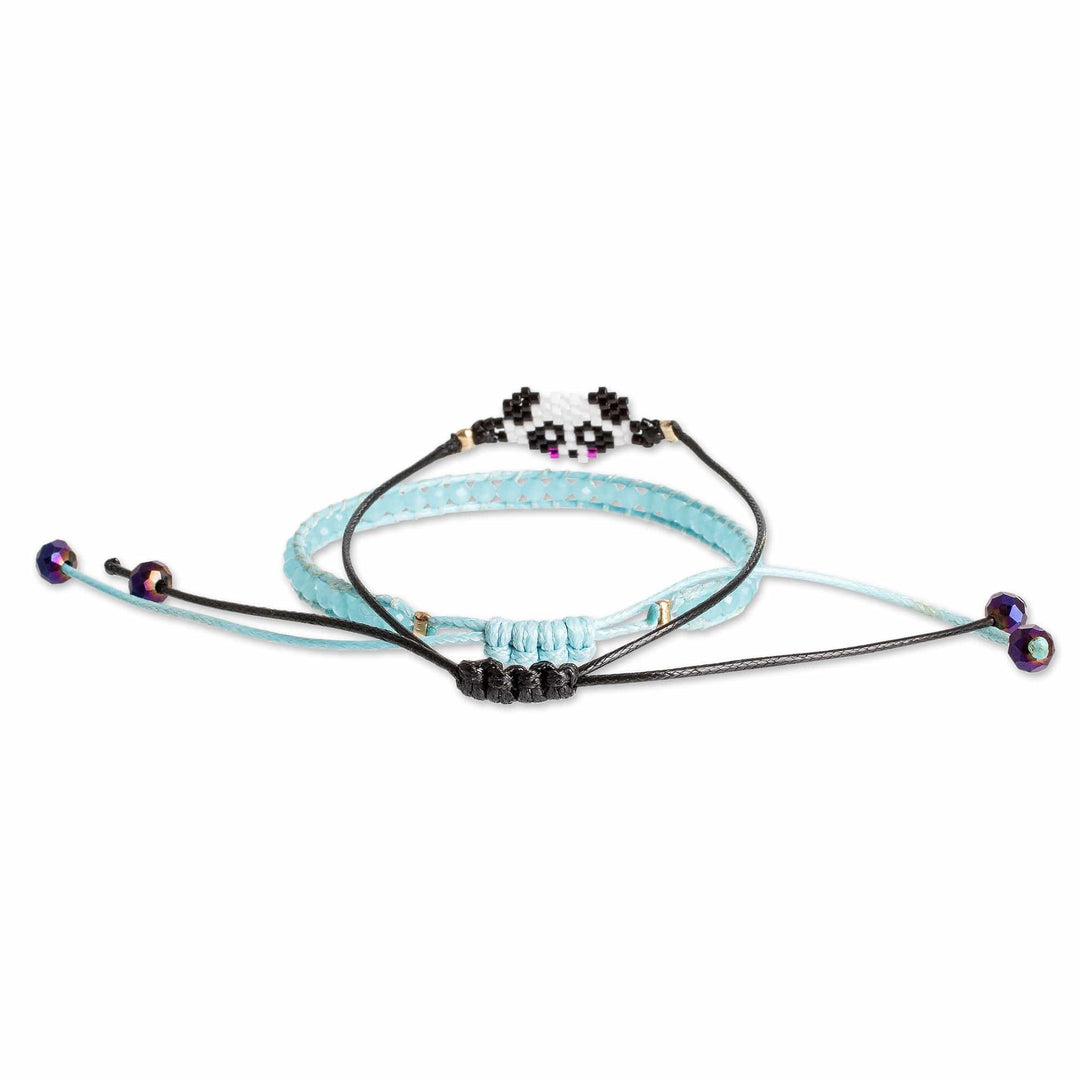 Set of 2 Panda-Themed Blue Glass Beaded Friendship Bracelets - Panda Bond