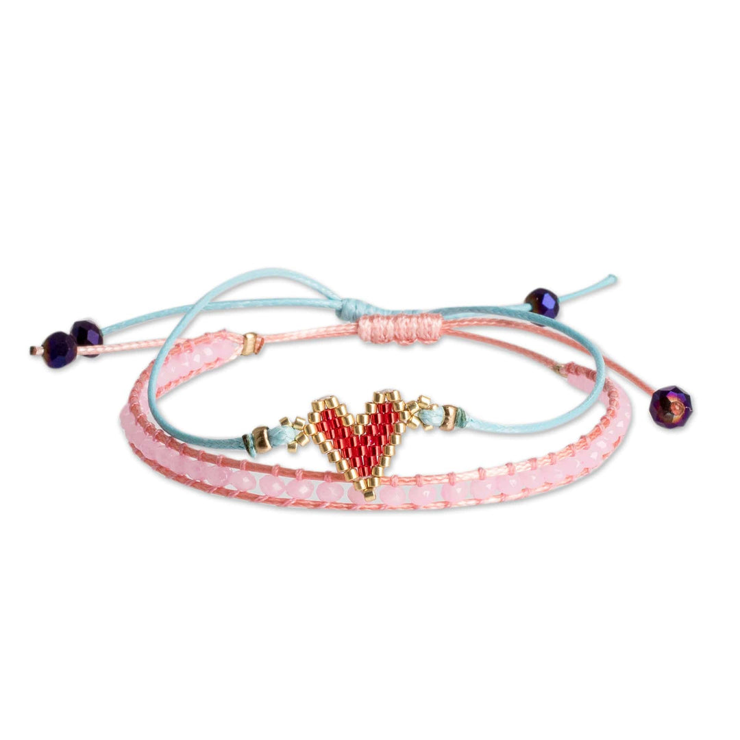 Set of 2 Handcrafted Pink and Turquoise Heart Bracelets - Romantic Bond