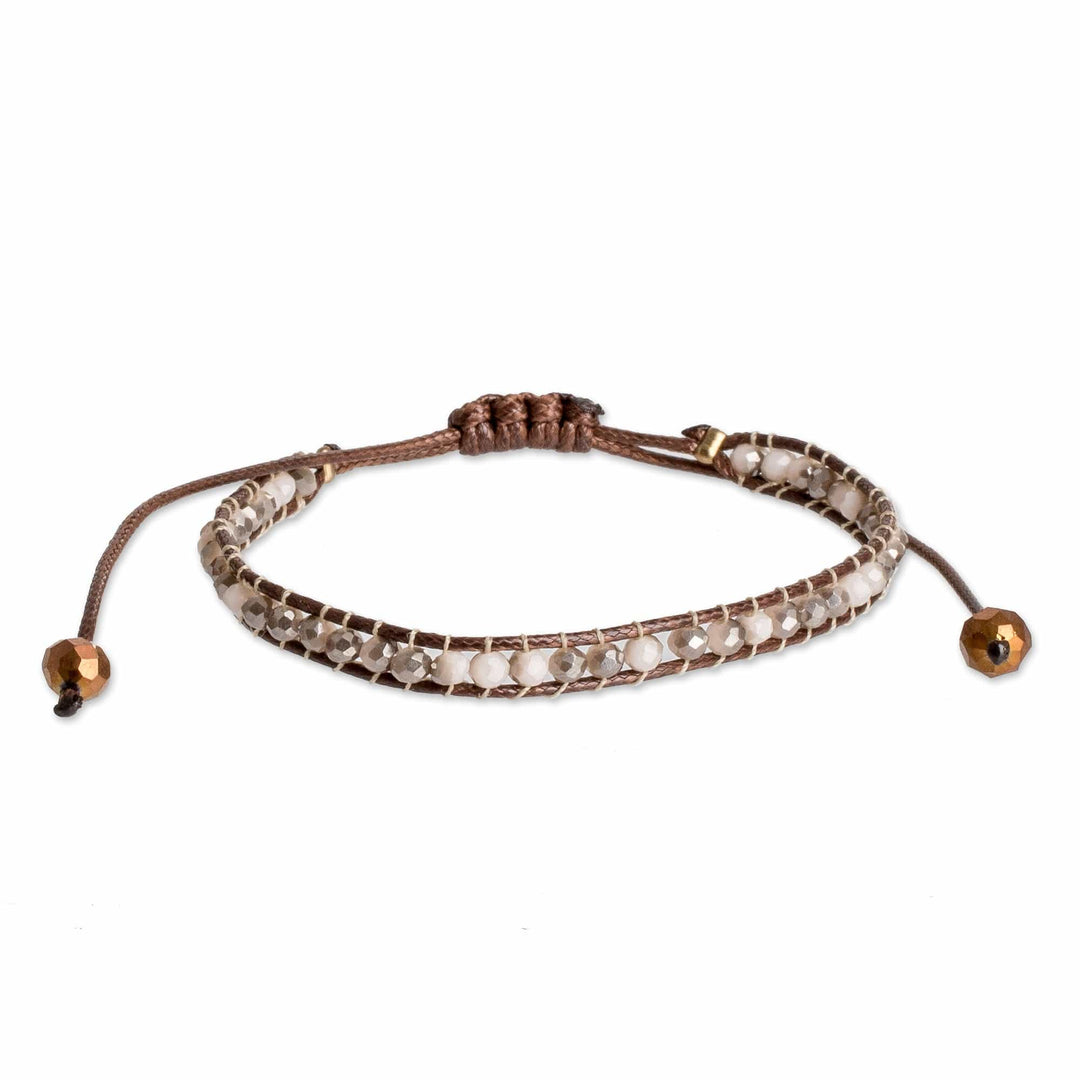 Adjustable Ivory and Brown Glass Beaded Wristband Bracelet - Sunrise Splendor