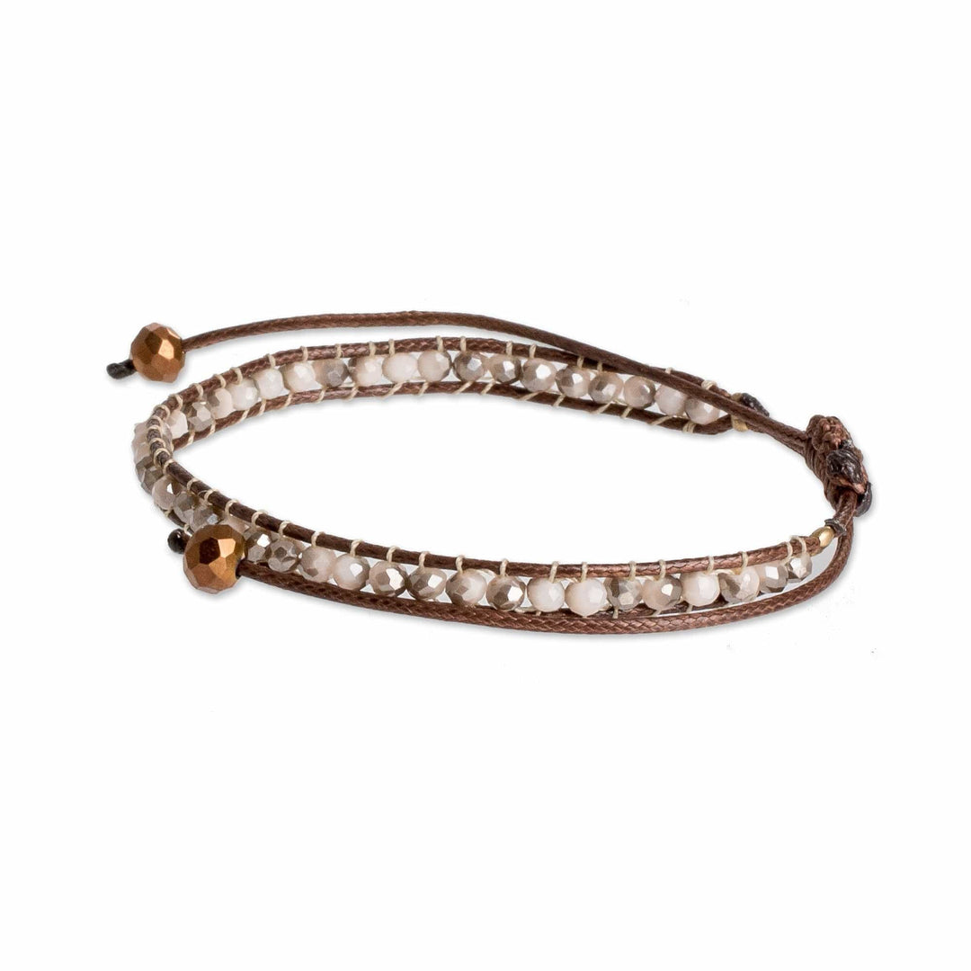 Adjustable Ivory and Brown Glass Beaded Wristband Bracelet - Sunrise Splendor