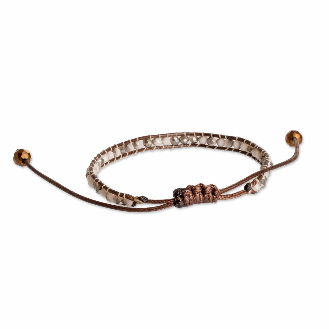 Adjustable Ivory and Brown Glass Beaded Wristband Bracelet - Sunrise Splendor