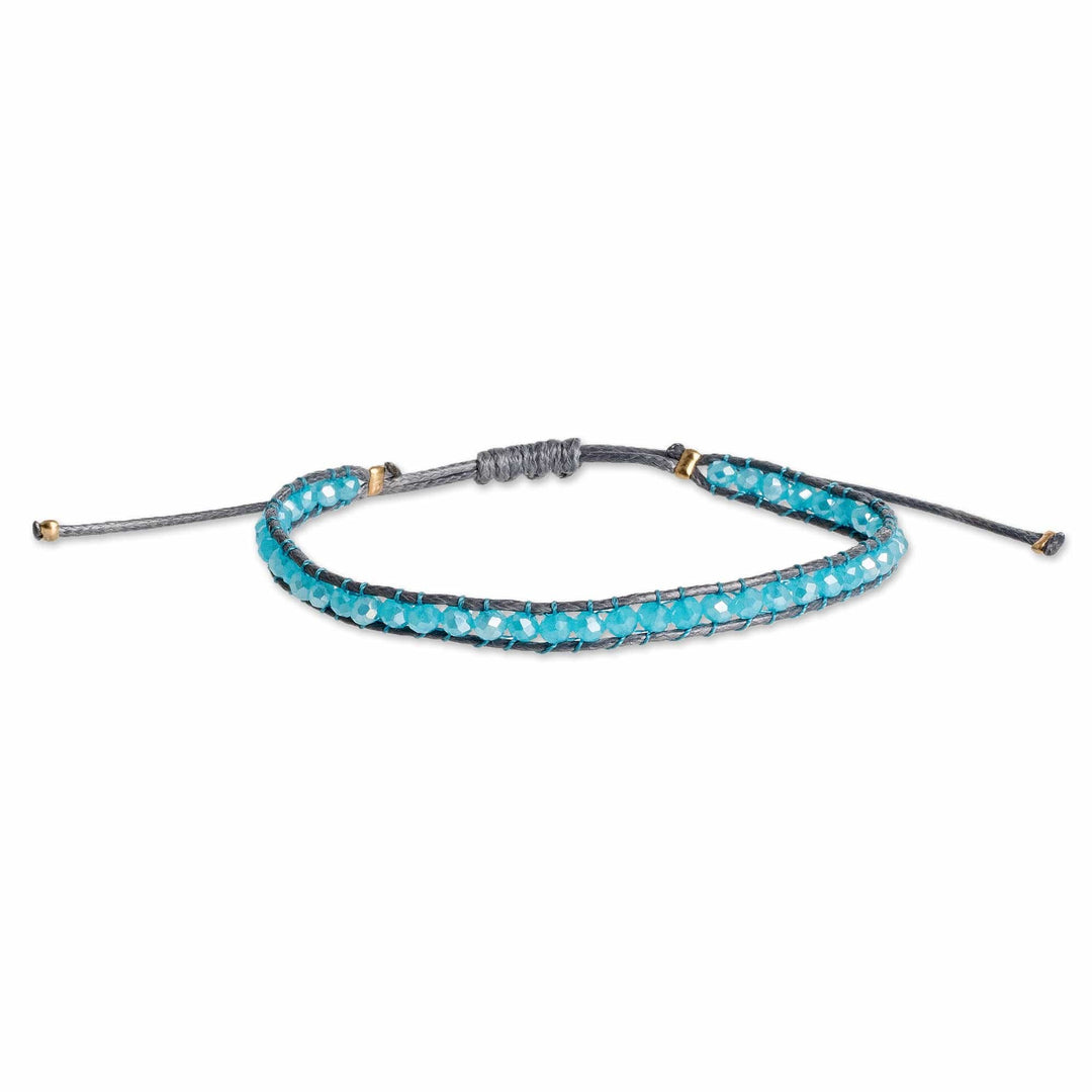 Adjustable Blue and Grey Glass Beaded Wristband Bracelet - Aquatic Splendor
