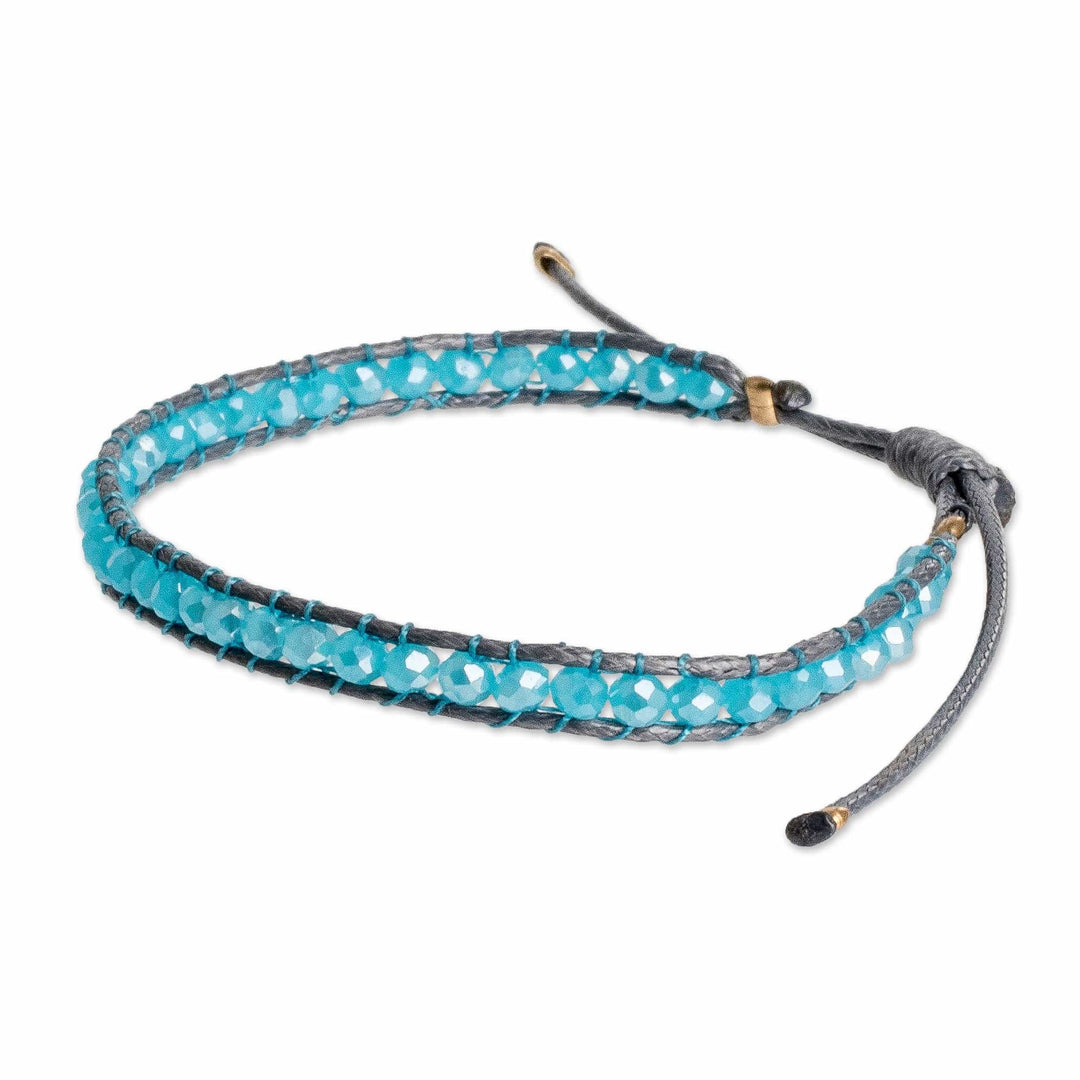 Adjustable Blue and Grey Glass Beaded Wristband Bracelet - Aquatic Splendor