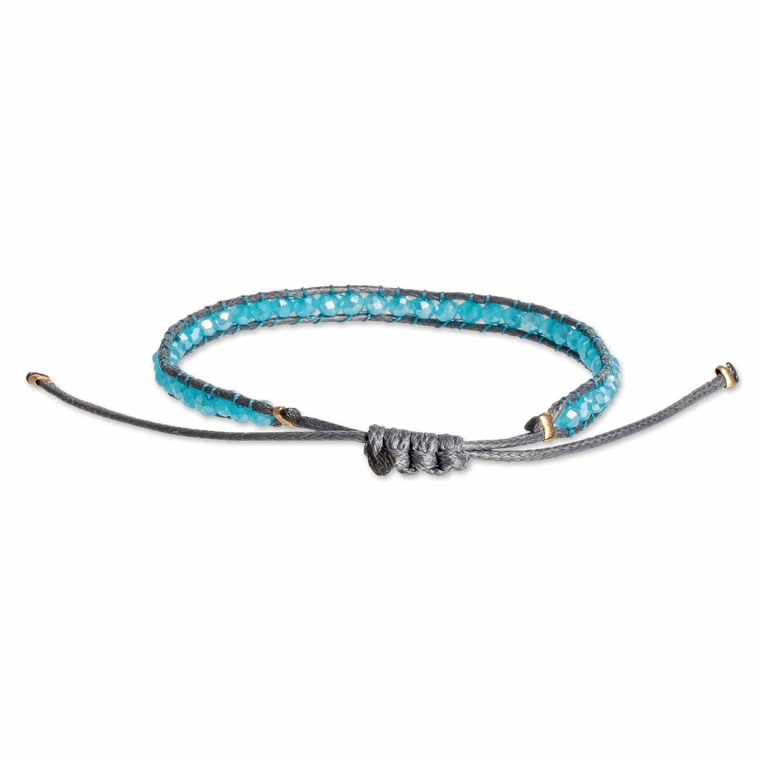 Adjustable Blue and Grey Glass Beaded Wristband Bracelet - Aquatic Splendor