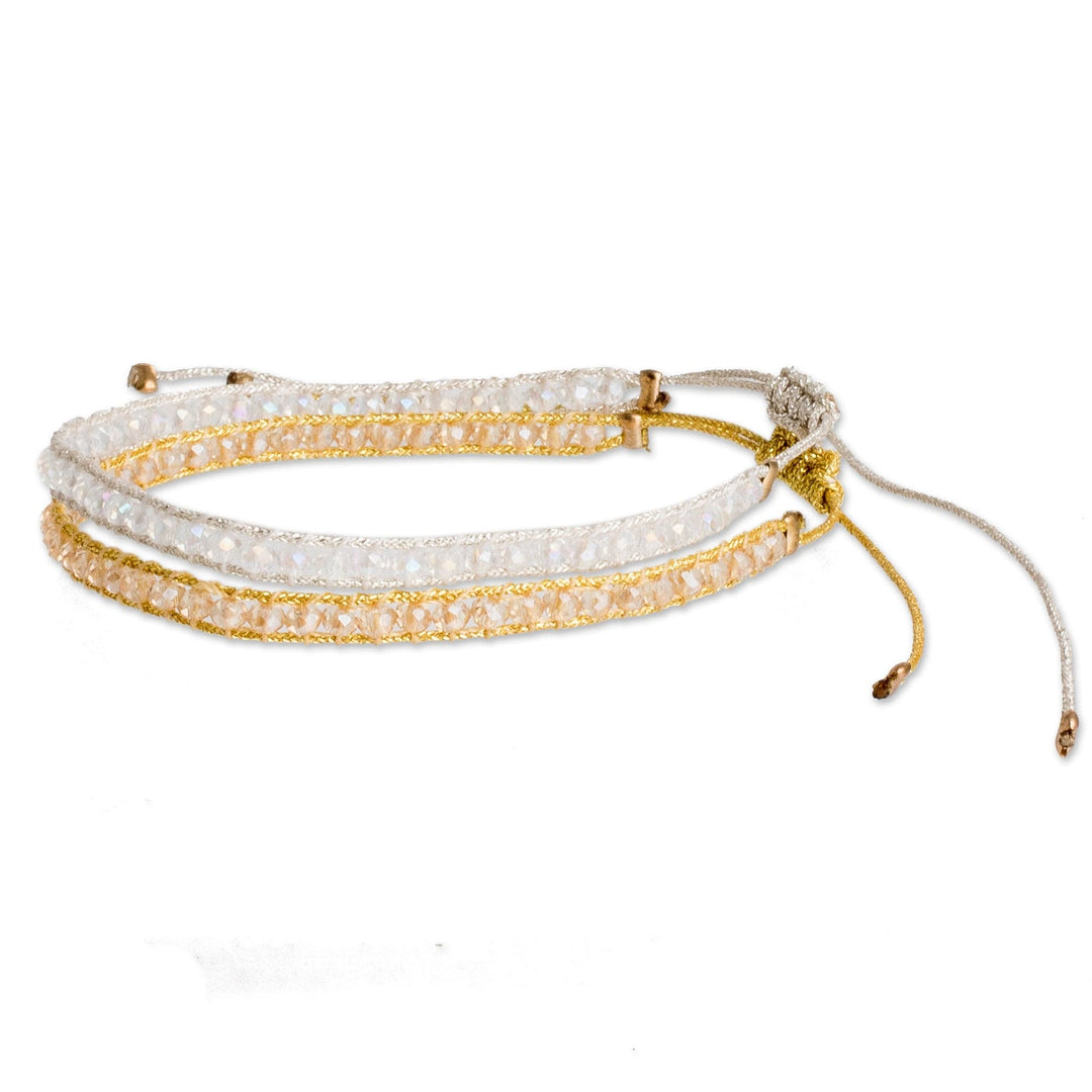 Set of 2 Golden and White Glass Beaded Wristband Bracelets - Sunrise Glow