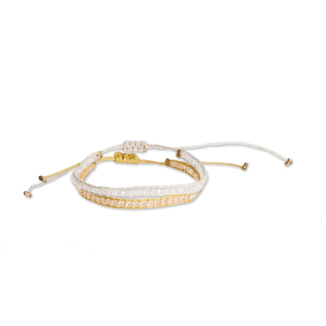 Set of 2 Golden and White Glass Beaded Wristband Bracelets - Sunrise Glow