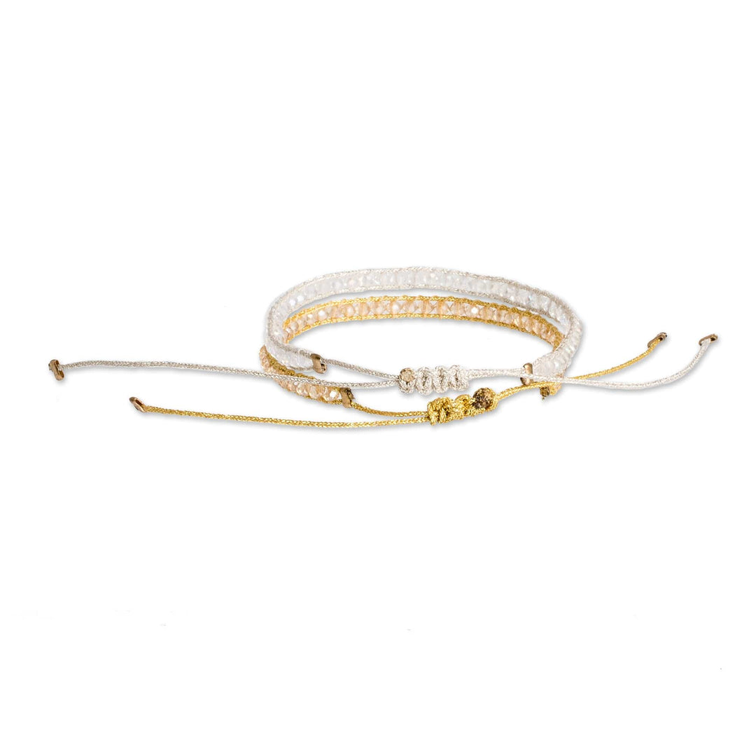 Set of 2 Golden and White Glass Beaded Wristband Bracelets - Sunrise Glow