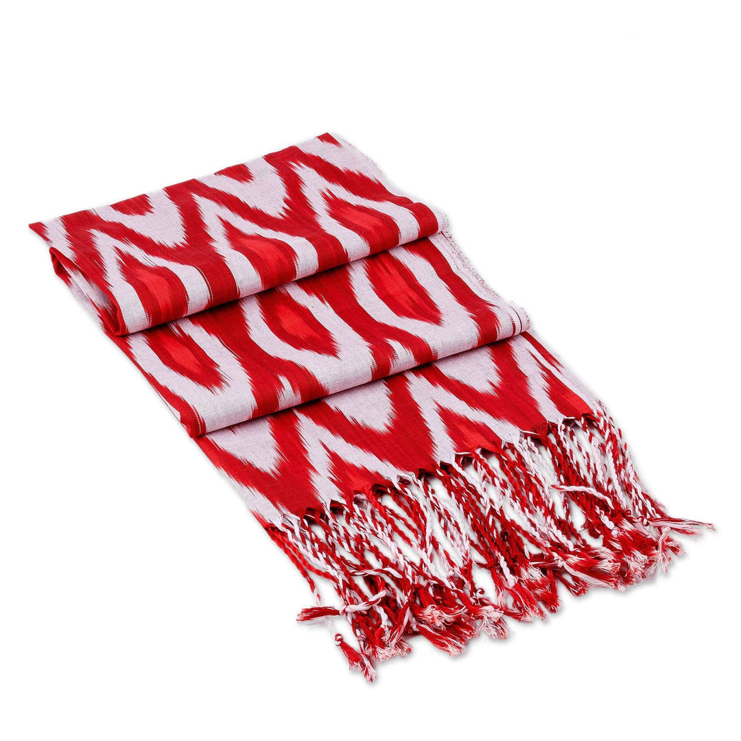 Peacock-Patterned Red and White Fringed Cotton Ikat Scarf - Cherry Plumage