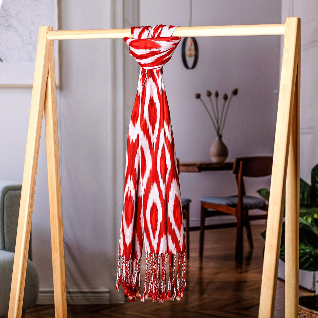 Peacock-Patterned Red and White Fringed Cotton Ikat Scarf - Cherry Plumage