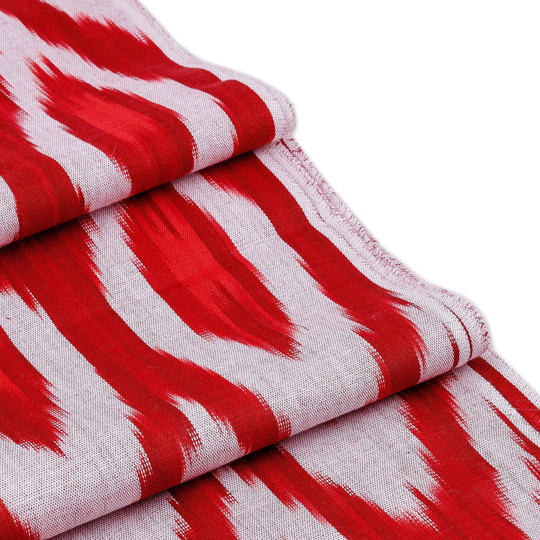 Peacock-Patterned Red and White Fringed Cotton Ikat Scarf - Cherry Plumage