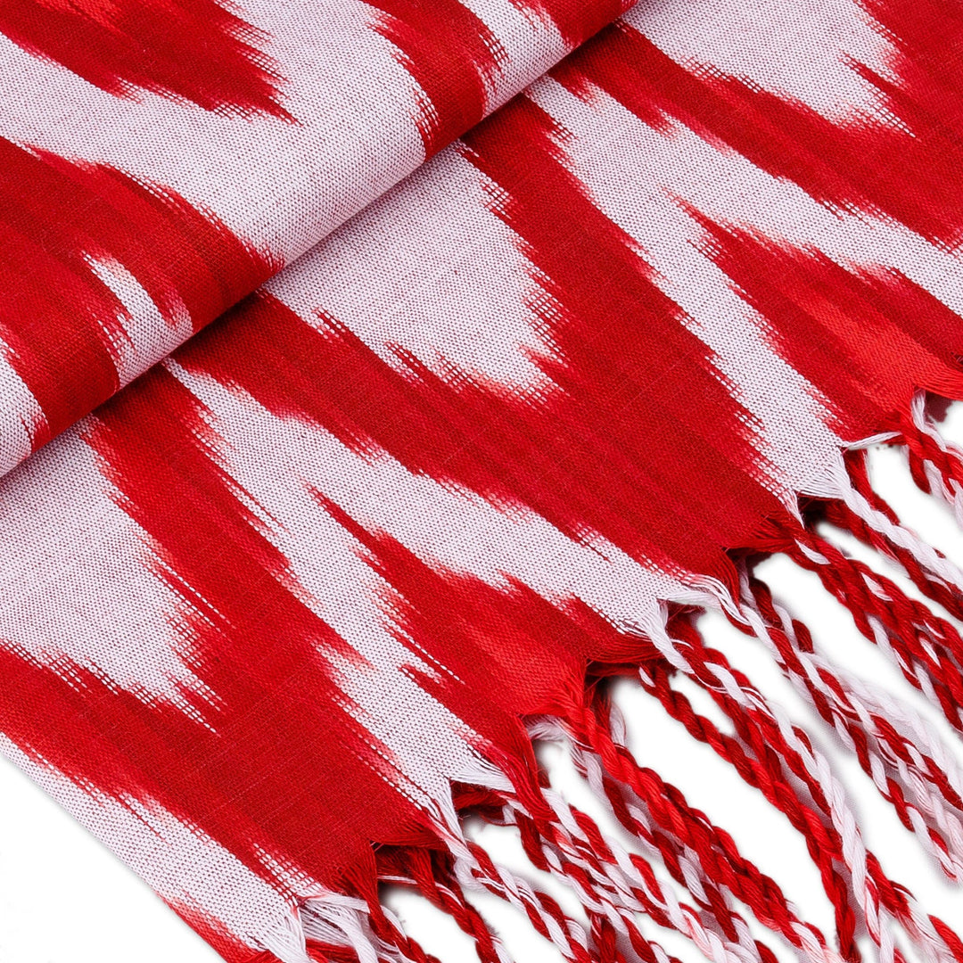 Peacock-Patterned Red and White Fringed Cotton Ikat Scarf - Cherry Plumage