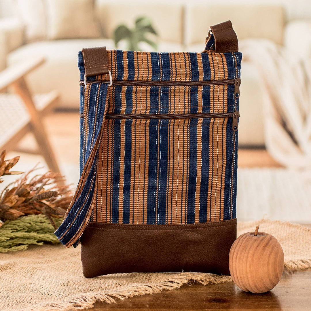 Leather-Accented Handwoven Striped Cotton Sling Bag - Charming Paths
