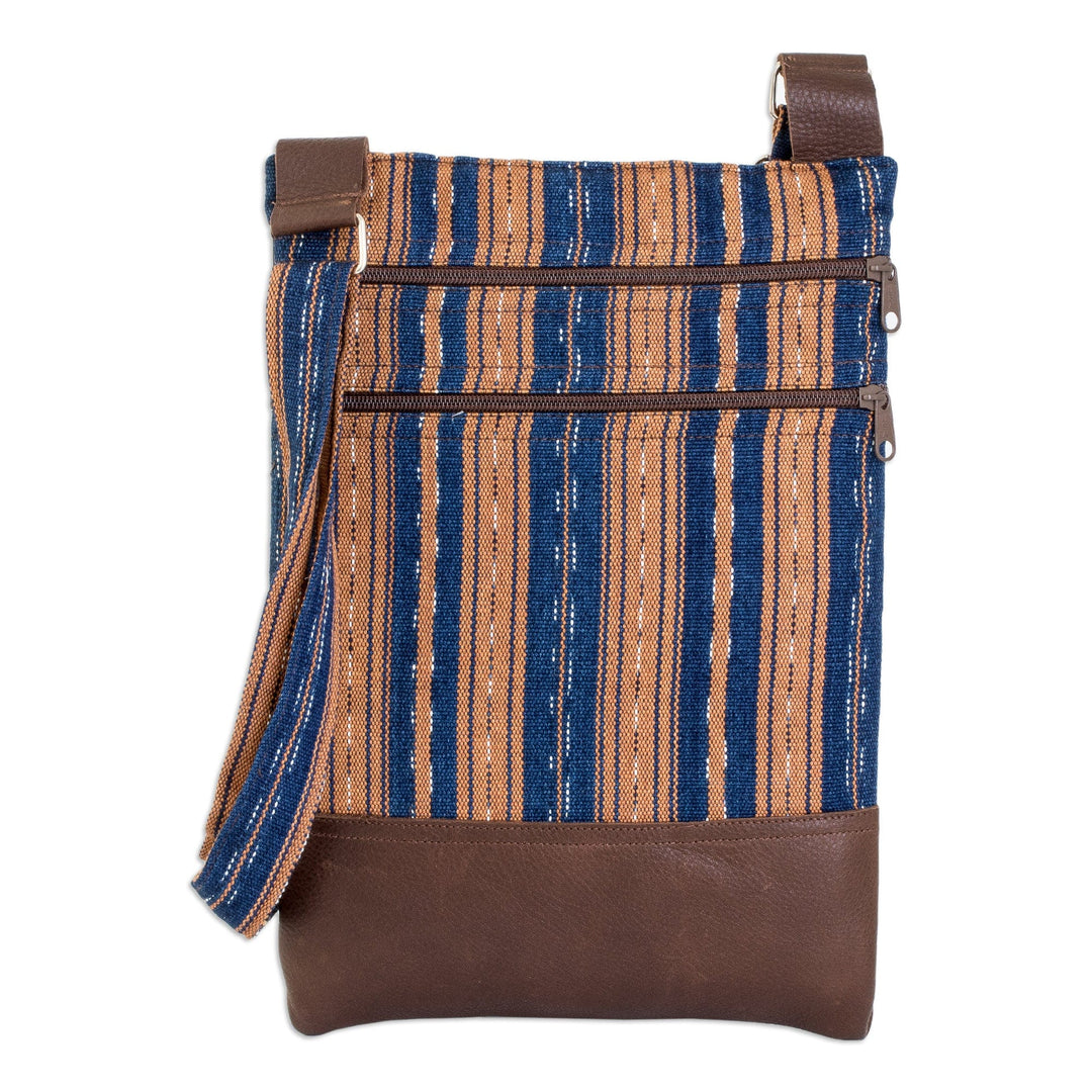 Leather-Accented Handwoven Striped Cotton Sling Bag - Charming Paths