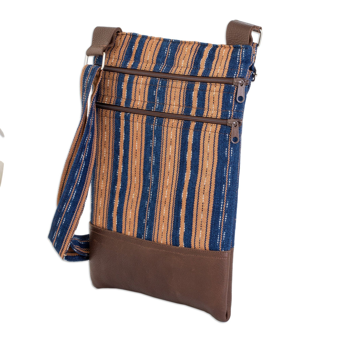 Leather-Accented Handwoven Striped Cotton Sling Bag - Charming Paths