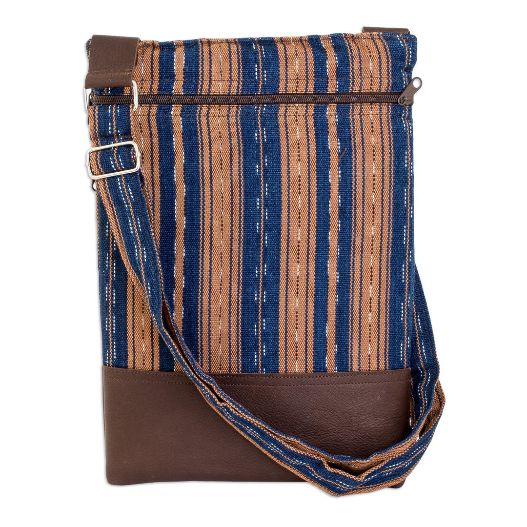 Leather-Accented Handwoven Striped Cotton Sling Bag - Charming Paths