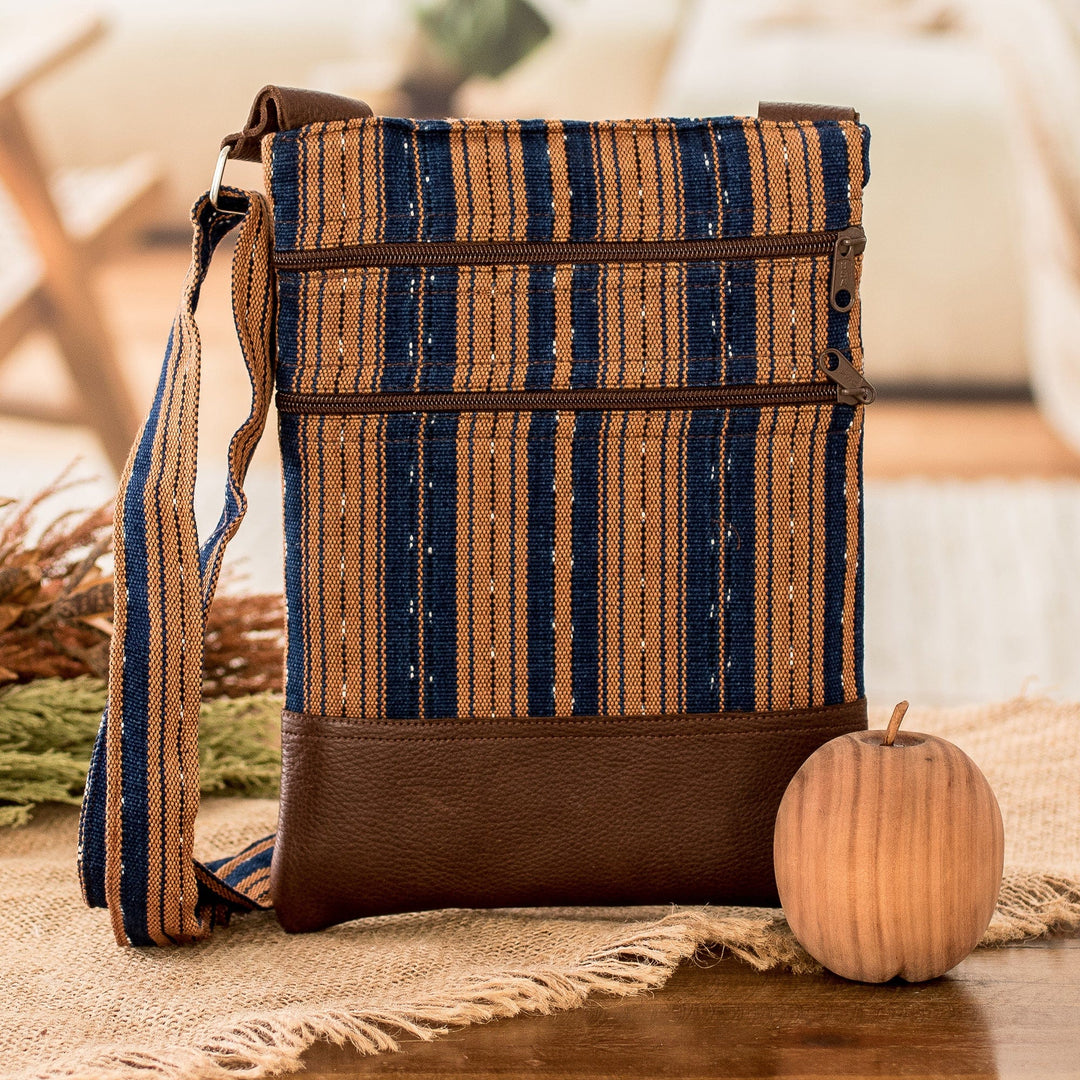 Striped Cotton Sling Bag in Midnight and Ginger Hues - Straight Paths