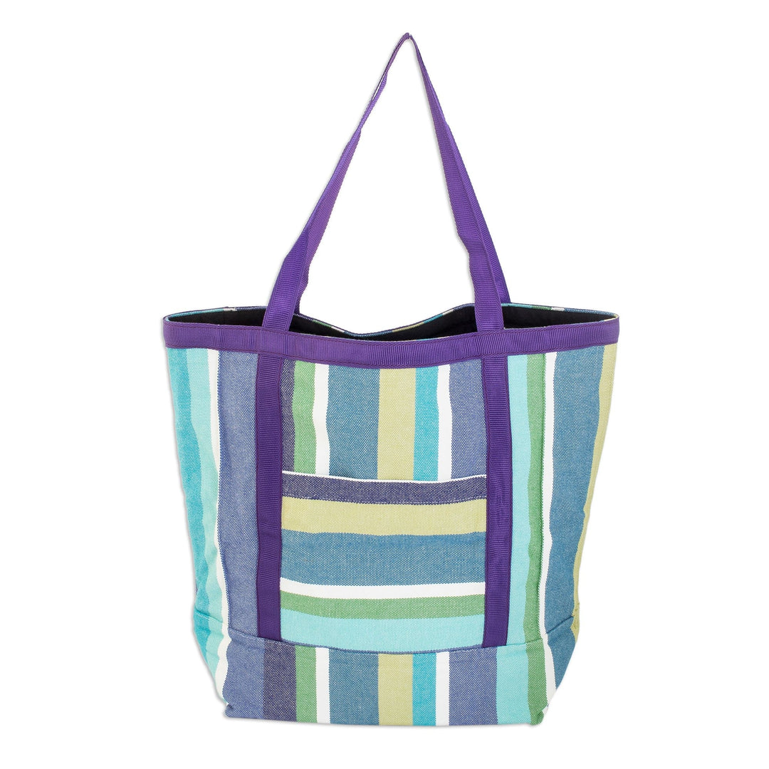 Striped Cotton Shopping Bag in Purple and Green Hues - Sustainable Sensations