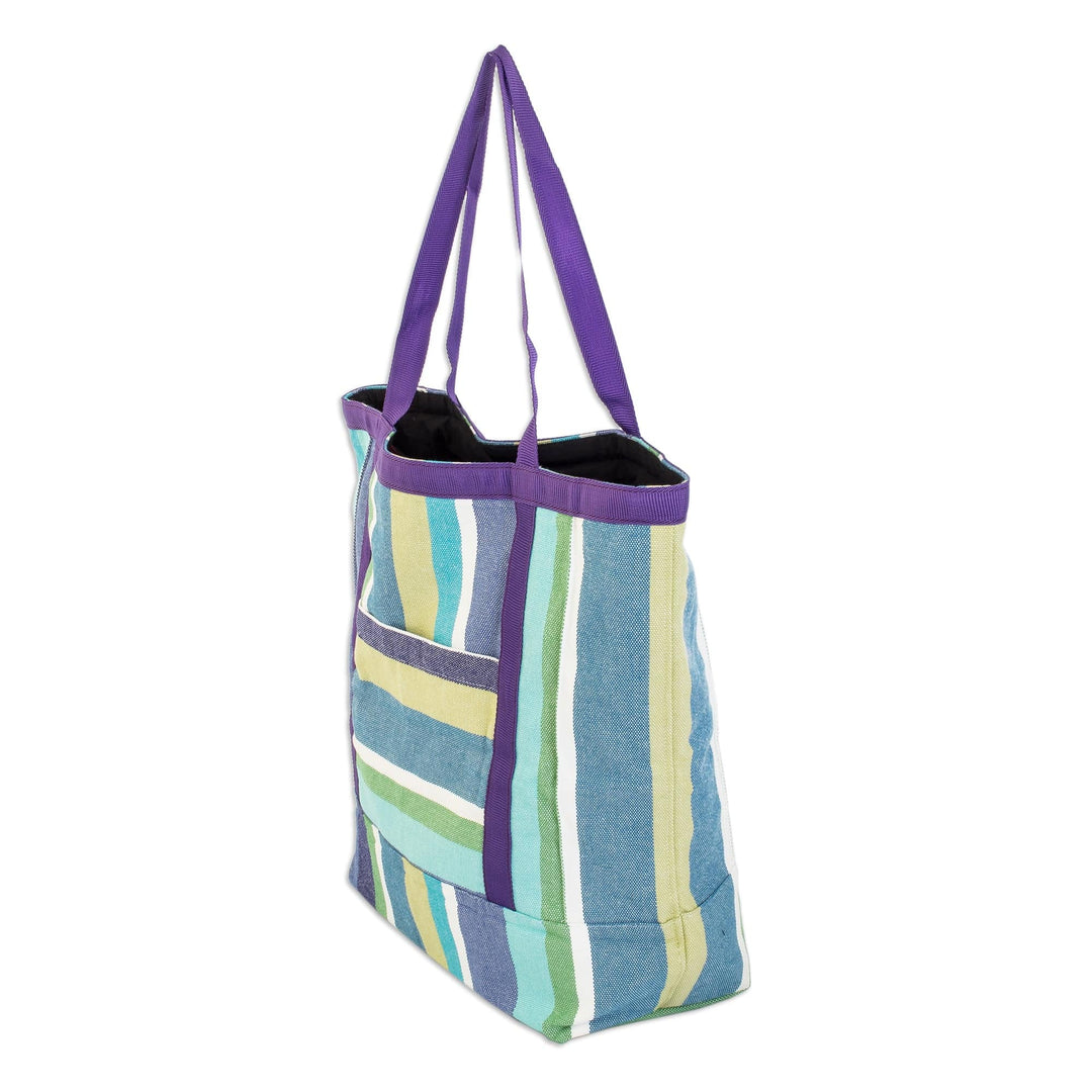 Striped Cotton Shopping Bag in Purple and Green Hues - Sustainable Sensations