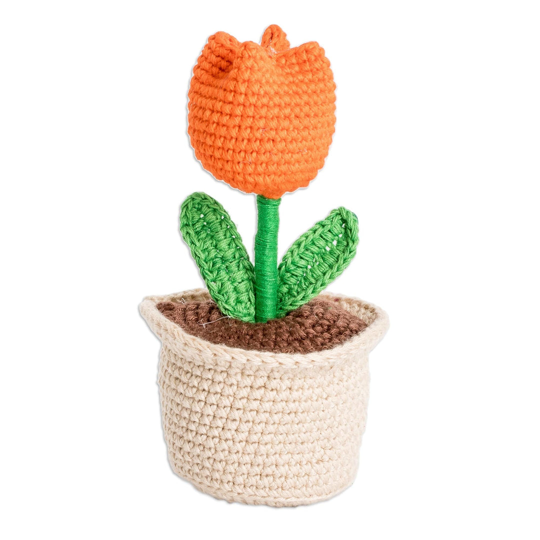 Crocheted Cotton Orange Tulip in Planter Decorative Accent - Tulip Love