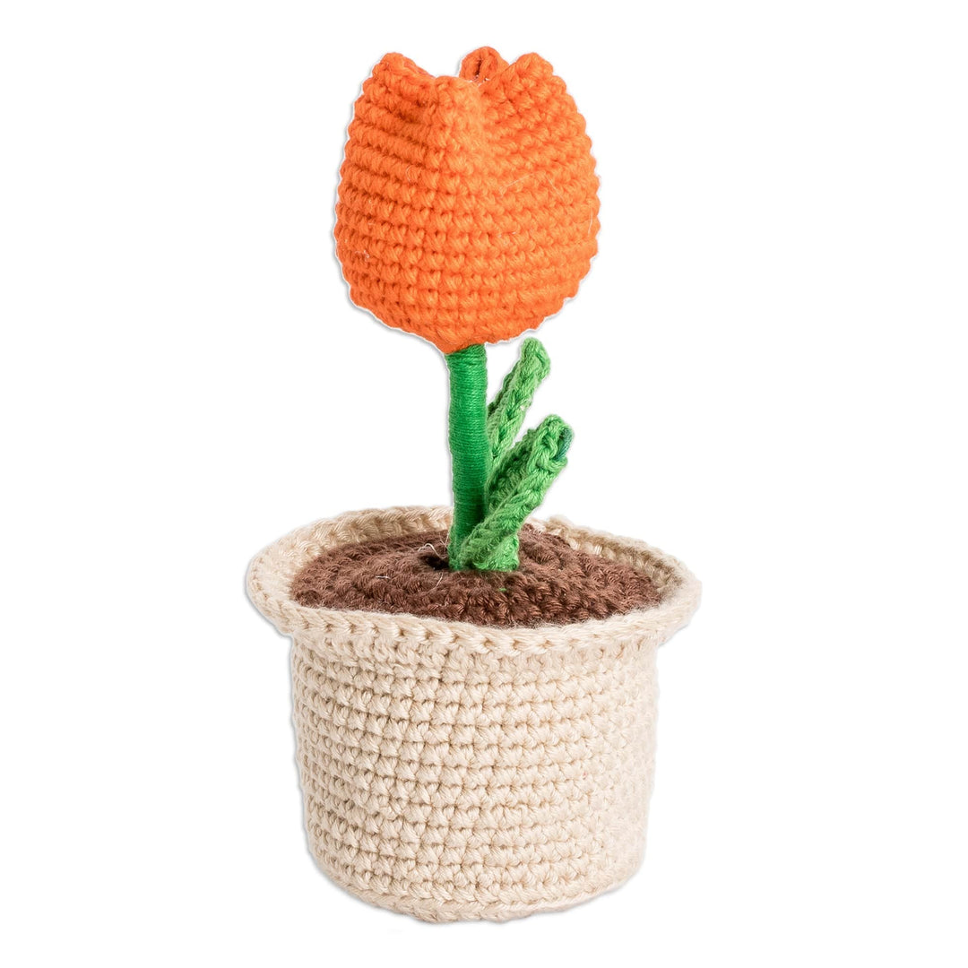 Crocheted Cotton Orange Tulip in Planter Decorative Accent - Tulip Love