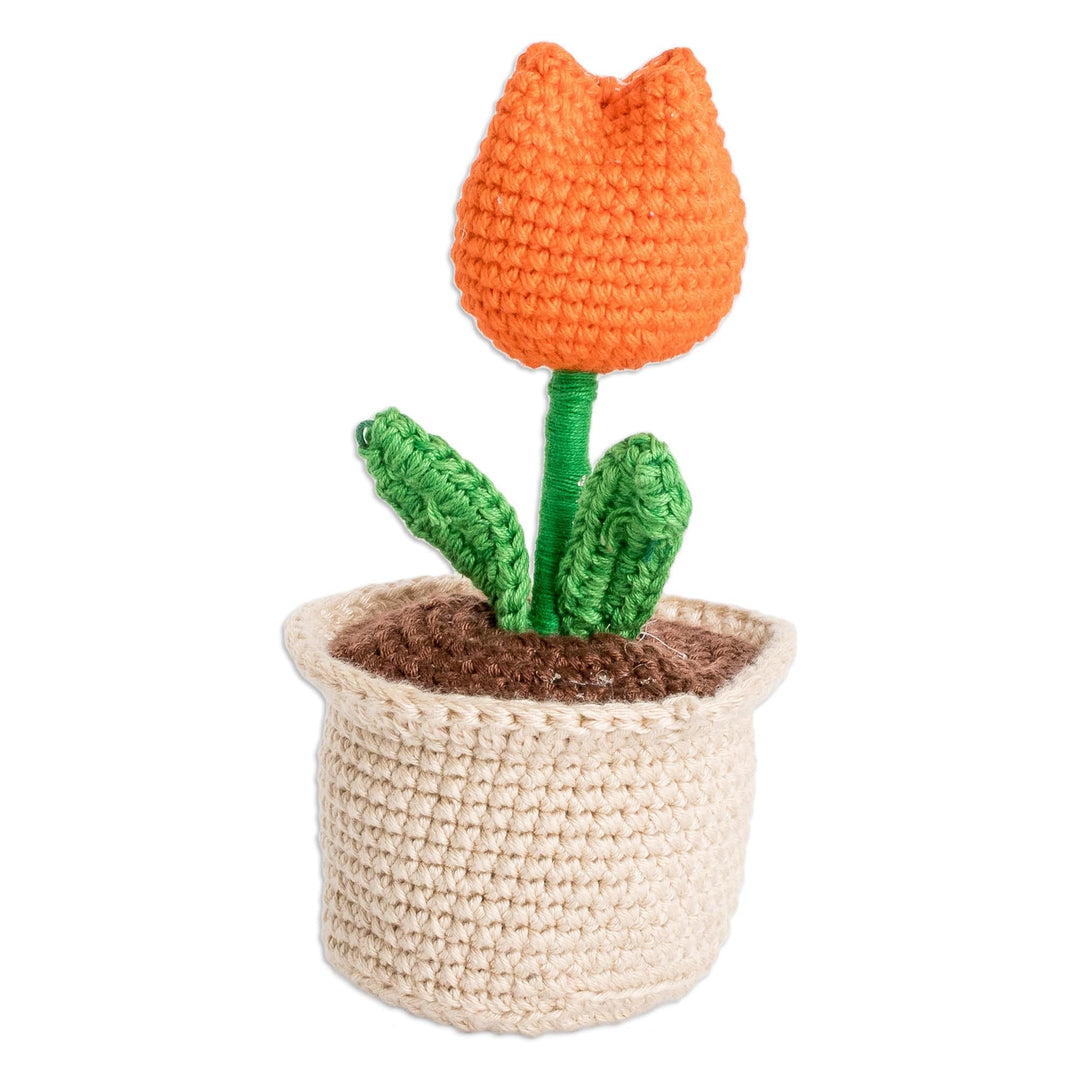 Crocheted Cotton Orange Tulip in Planter Decorative Accent - Tulip Love