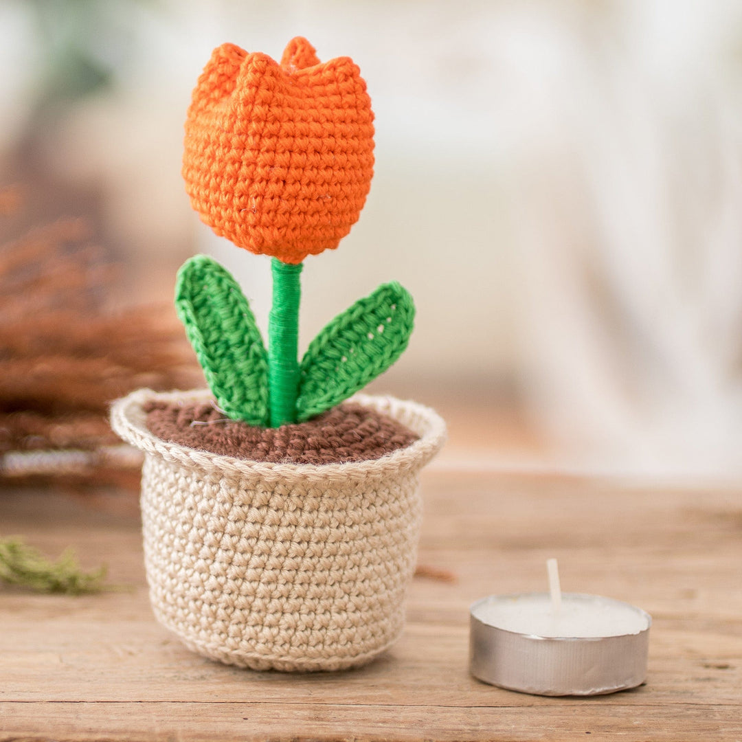 Crocheted Cotton Orange Tulip in Planter Decorative Accent - Tulip Love